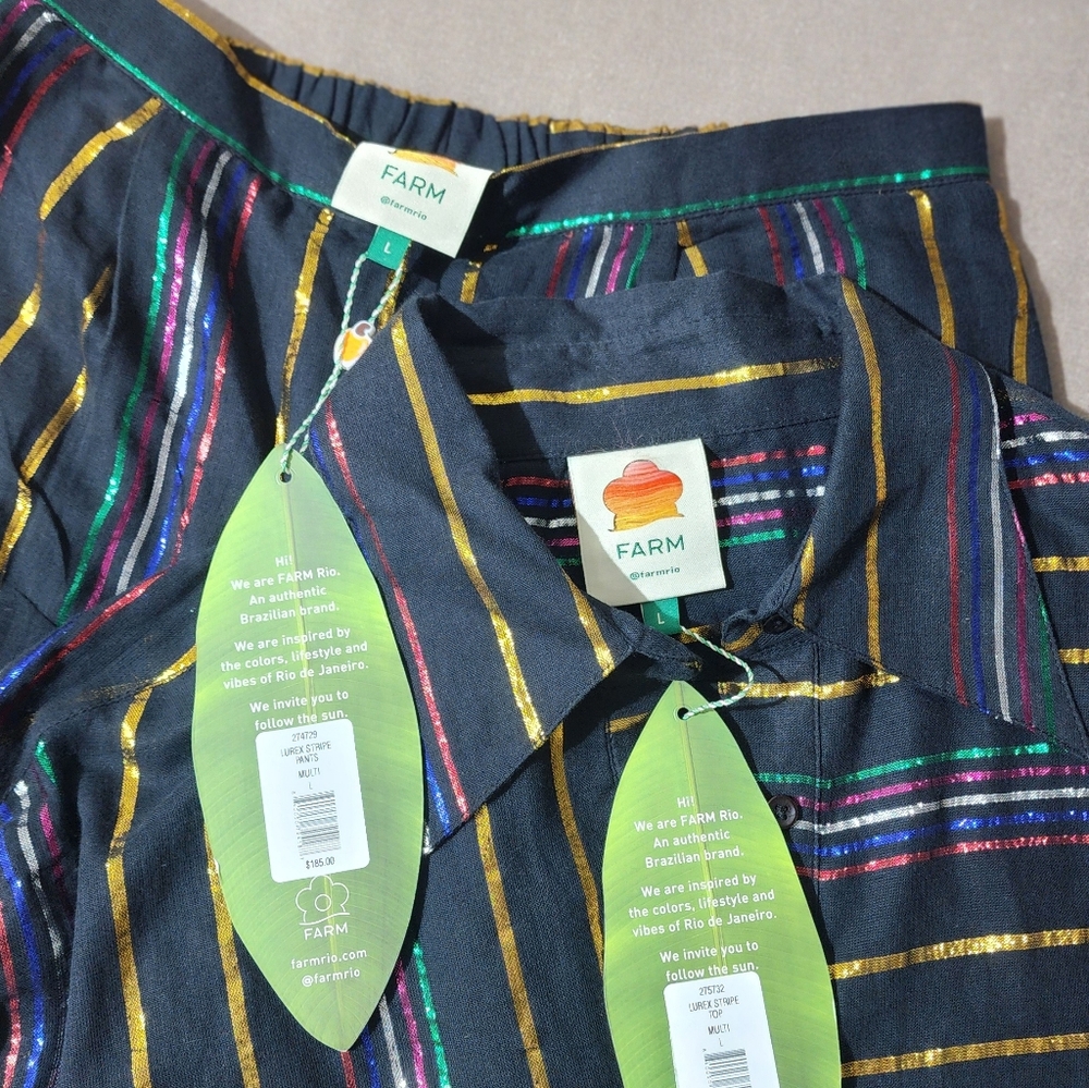 FARM Rio Metallic Stripe Co Ord Set Wide Leg Pants Shirt Resort NWT L - Picture 8 of 12